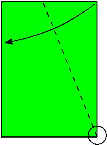 by folding one corner onto the opposite long edge in such a way that the crease passes