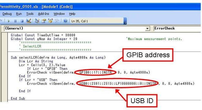 3.2. Modifying the GPIB address or USB ID 3.2.1. When using GPIB cable for connecting the controller and the E4980A: Modify the code "GPIB0::17::INSTR".