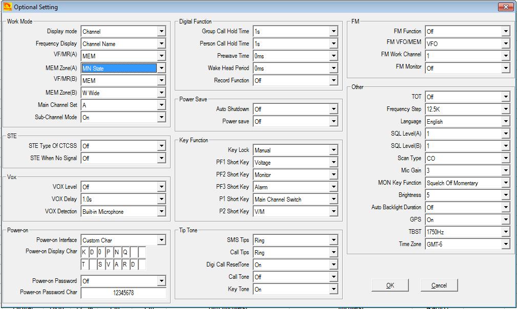 STEP 6 - OPTIONAL SETTING The AT-D868UV radio basic configuration set-up is done in the Optional Setting window. Once the Optional Setting window is open, there are several sub-sections to program.