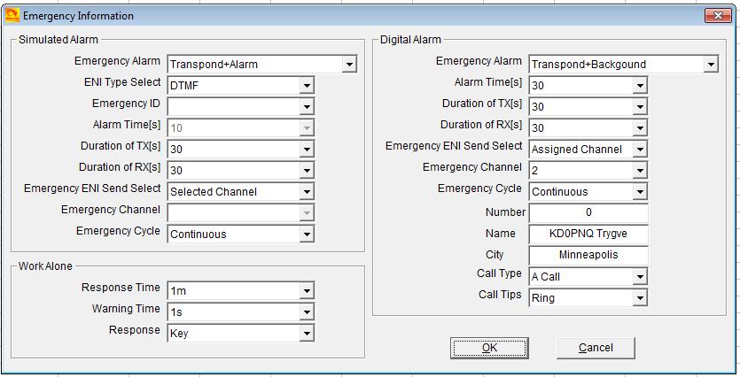 Simulated Alarm Emergency Alarm: Select from Alarm, Transpond + Background, Transpond + Alarm, or Both ENI Type Selected: Select from None, DTMF or 5Tone Emergency ID: Alarm Times: Select after what