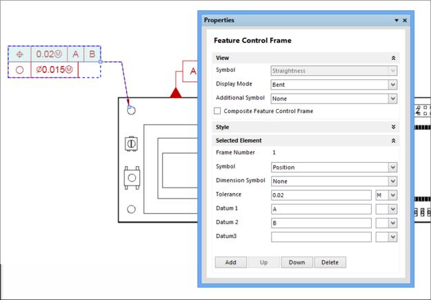 A Feature Control Frame oﬀers symbol options and large number of elements that can be attached to specify manufacturing tolerances and constraints.