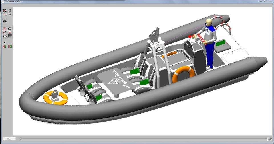 Rigid Inflatable Project Ramsis Ergonomic Evaluation This image shows a screen capture of the model inside Ramsis with the ergonome positioned.
