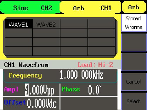 2. To Select the Stored Waveform Press Arb Load Wform->Stored Wforms, and enter the following interface.