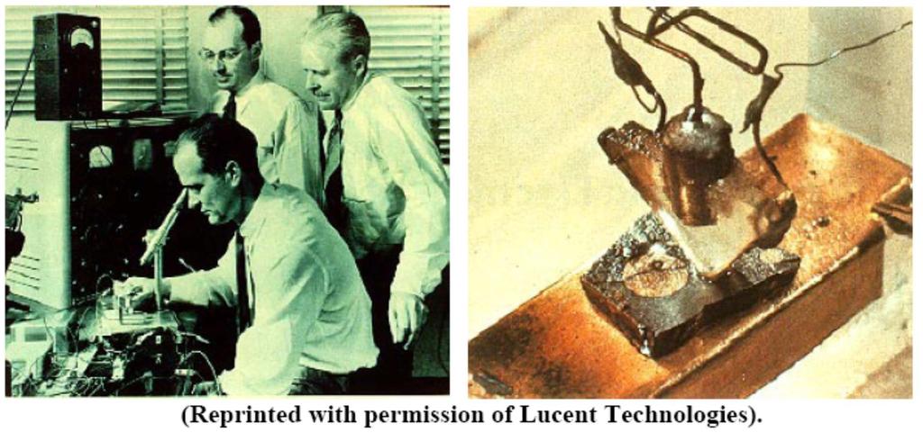 Bardeen, Brattain, Shockley, First Ge-based bipolar transistor invented 1947, Bell Labs. Nobel prize 1956 1st point contact transistor -- by Bell Lab J.