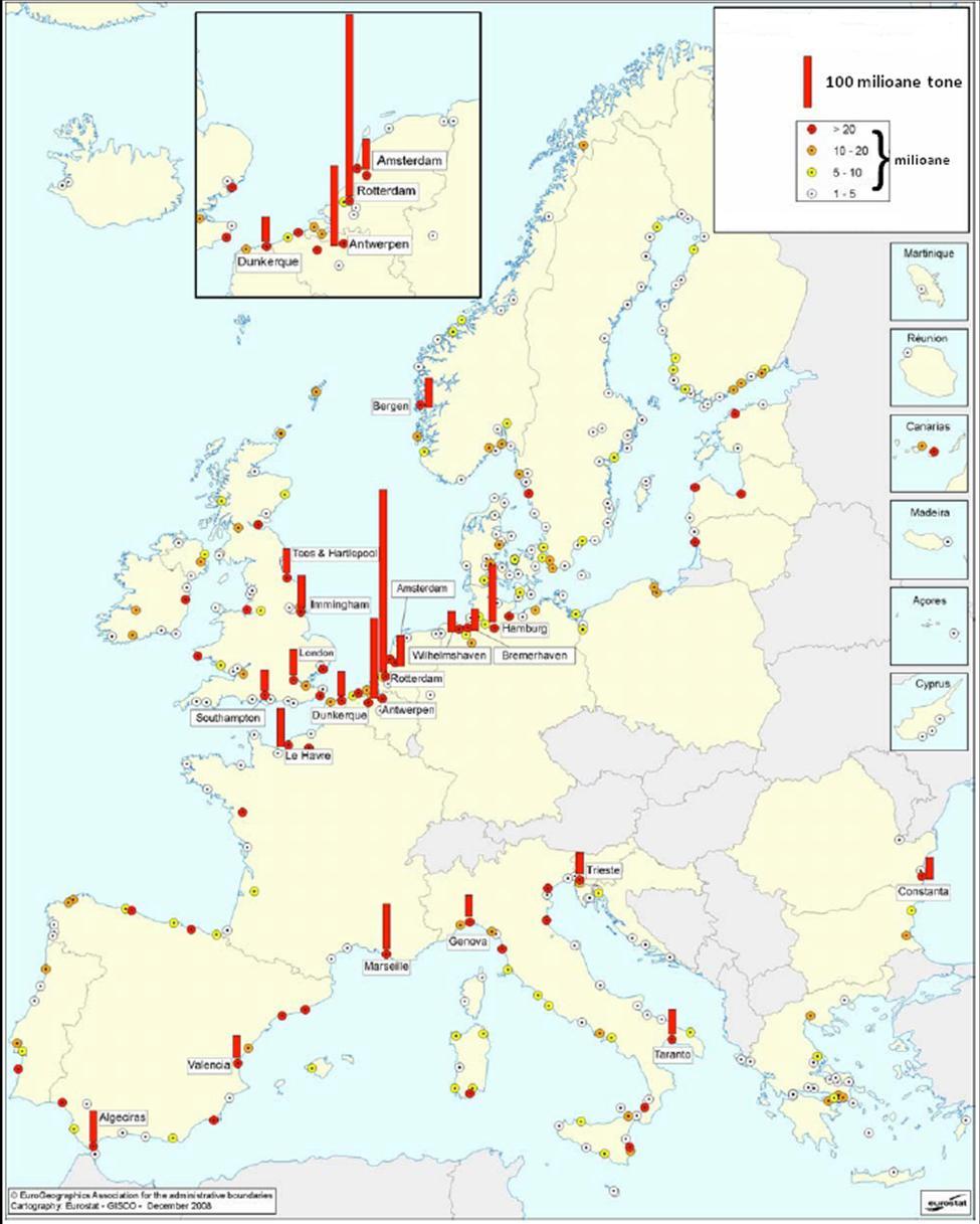 Principalele 20 de porturi europene de mărfuri, clasificate în funcţie de cantitatea de mărfuri manipulată în