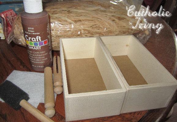 Supplies Needed to Make a Manger Set: Small Wooden box from a craft store (You could substitute a cardboard box, like one from Velveeta Cheese) Brown Paint (acrylic)