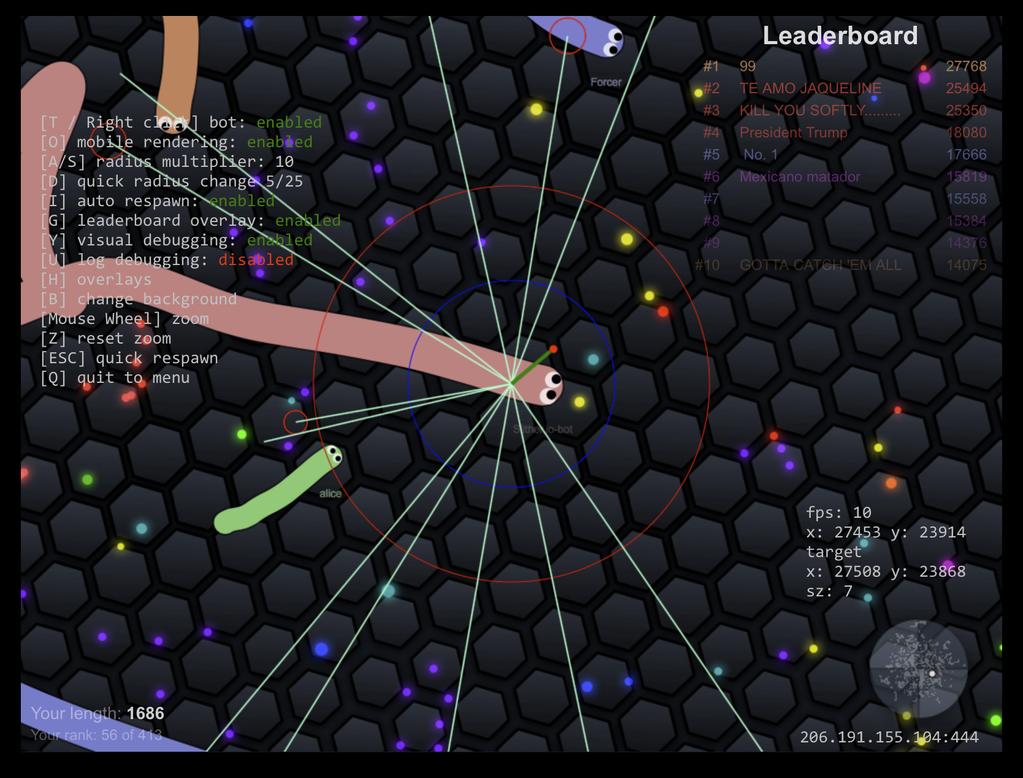 Figure 1: Slither.io the longest player in the arena. There is a realtime learderboard in the game which includes the top 10 longest players currently playing in the arena.