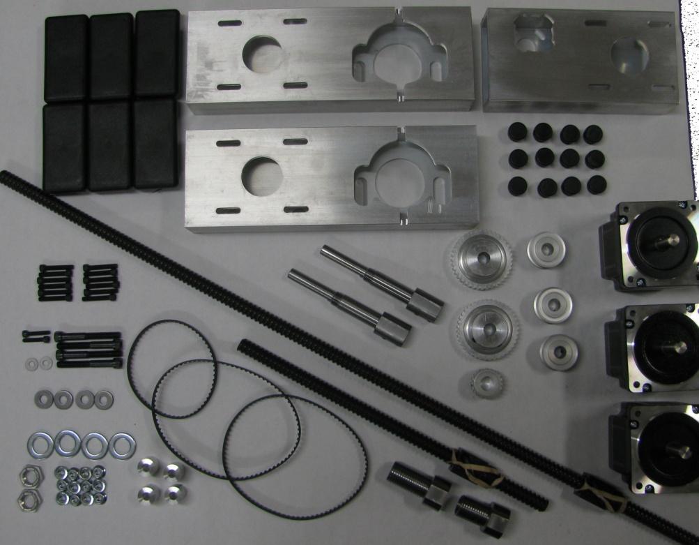 FlashCut CNC Universal Retrofit Kit 5 Ball Screw Kits Include: X, Y, & Z axis Unibody aluminum brackets (1) 20 tooth pulley (0.595 bore) (3) Belts, (2) 170 XL. (1) 120 XL (4) Steel Shim Washer 0.
