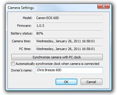24 This dialog shows information about the camera and allows you to synchronize the camera's internal clock with your PC's clock and set the Canon camera owner string.