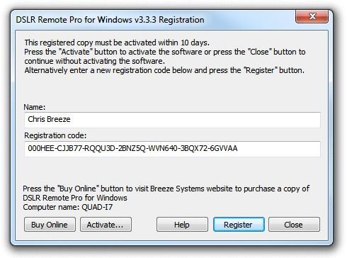 Installing, Registering and Activating DSLR Remote Pro for Windows 9 and the activation dialog below will