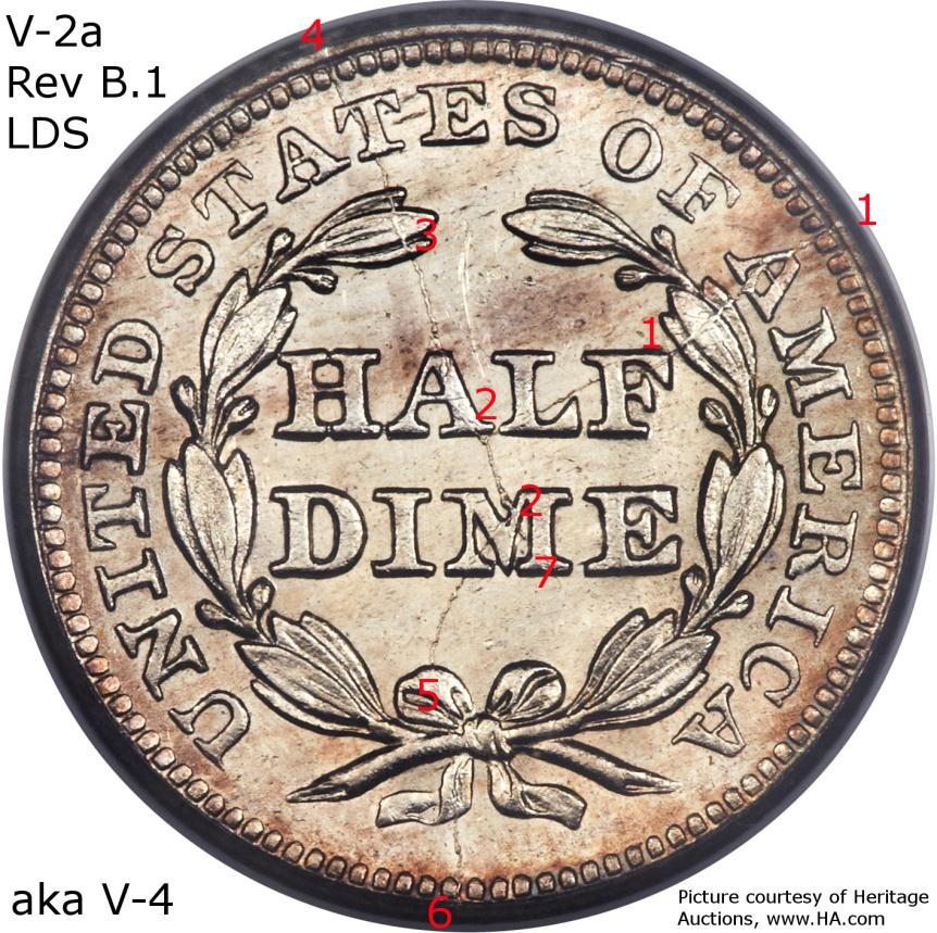 Common Reverse and Obverse cracks - photos V-2, 2a, 2b Reverse B cracks: 1. right dentil to A2 to LF of HALF 2. A of HALF to M of DIME 3. A of HALF to upper left leaves 4.