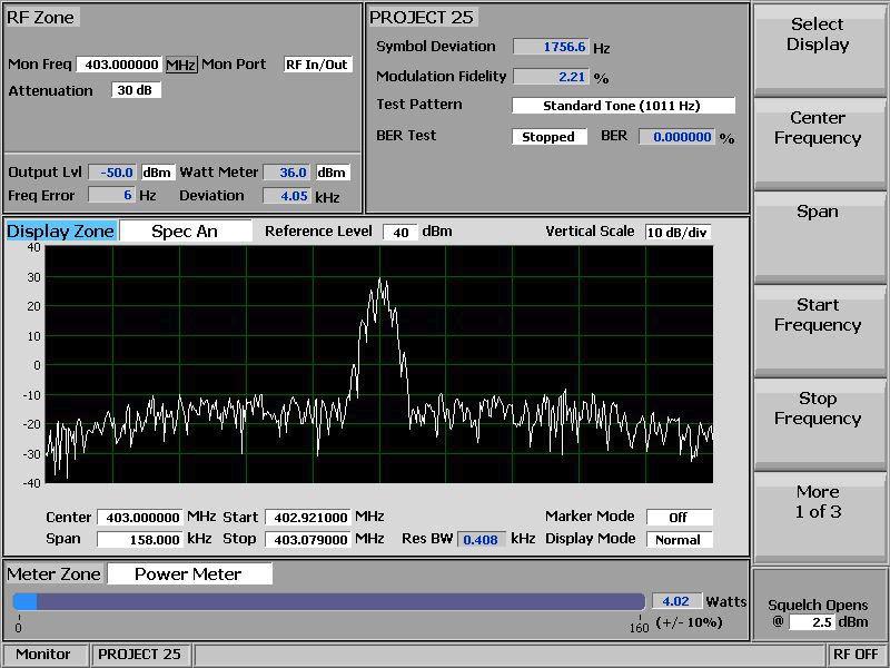 To observe the digital modulation on the Spectrum Analyzer, press hotkey 7 followed by Select Display and Spectrum Analyzer Adjust the