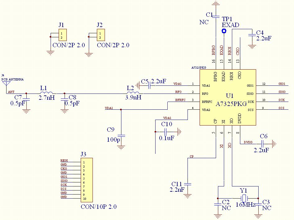 21. Application circuit Below are AMICCOM s ref. design module, MD7325-B01, circuit example and its PCB layout. 1. A7325 schematic for RF layouts with single ended 50Ω RF output. 2.