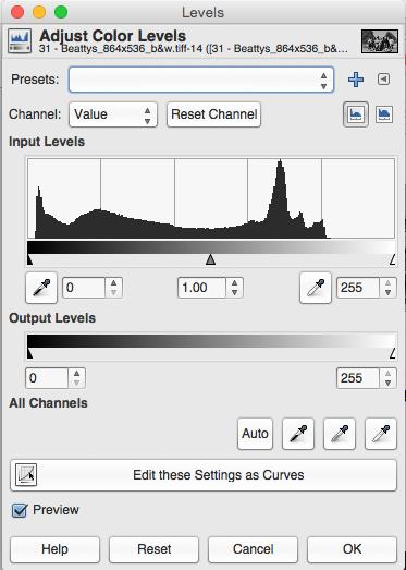 Colors > Levels Pixel Histograms The graph plots the number of pixels having each