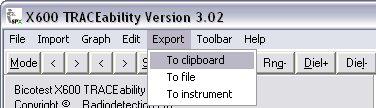 18 X600 TRACEability Operation Manual 4.2.4 Toolbar Menu Toolbar can be displayed as normal, (meaning a normal Windows-type toolbar) i.e. under menu headings, or as instrument toolbar, where the active keys will be displayed in the top right hand corner in a similar format to a Bicotest T600-style instrument.