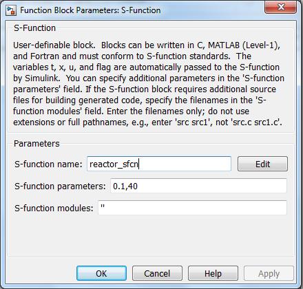 the parameters. Change the S-function name to reactor_sfc and insert the parameters of the block. Fig. 2 CSTR Model saved as reactor.m Fig. 3 S-function file saved as reactor_sfcn.m Fig. 4 S-Function block parameter editor Fig.