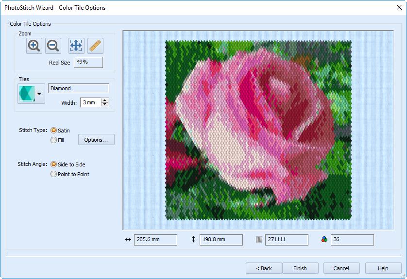 PhotoStitch Embroidery Options Change the stitch density Enhance detail in the picture Preview the embroidery View the design information Place on the work area Make further edits The PhotoStitch