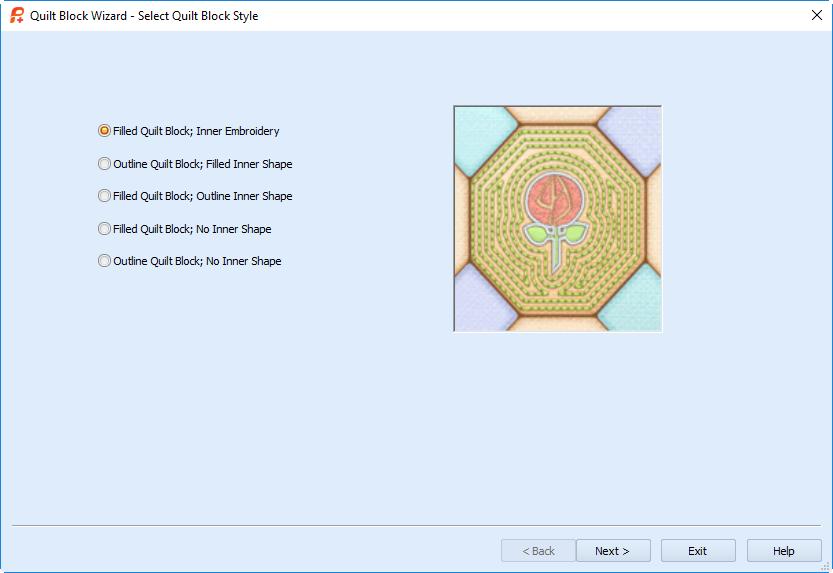 Information about the Fill Pattern used is stored in the settings of the embroidery that is created. Select Quilt Block Style The Quilt Block Wizard starts at the Select Quilt Block Style page.