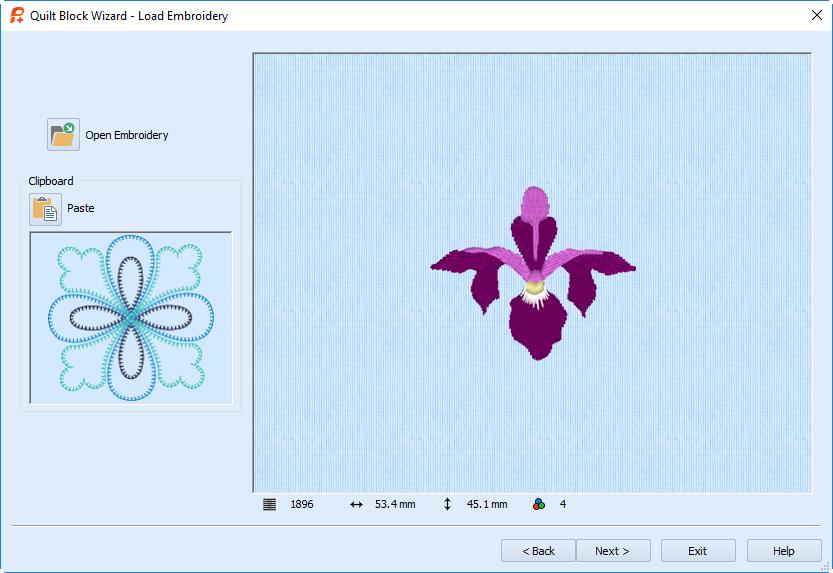 Load Embroidery Browse for an embroidery Paste a copied embroidery View the clipboard contents Preview the opened embroidery The Load Embroidery page enables you to load an embroidery to use in the