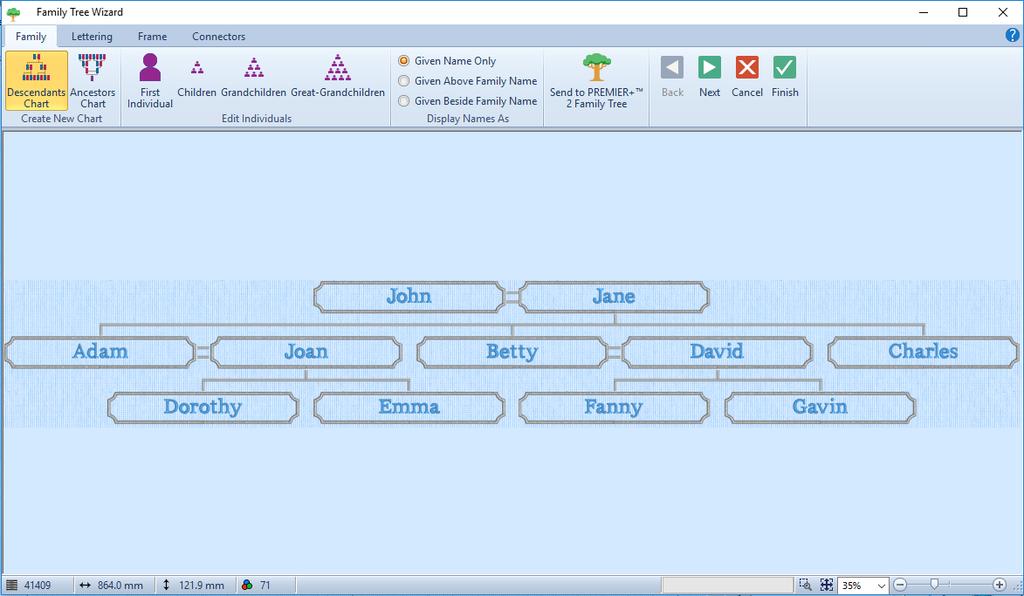 Family Tree Wizard Use the Family Tree Wizard to create an embroidered family chart of up to three generations of ancestors or descendents for an individual.