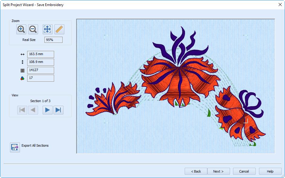 Save Embroidery Zoom in and out Information for this split section Browse the split sections Export the embroidery sections Use the Save Embroidery page to preview the split sections, and to export