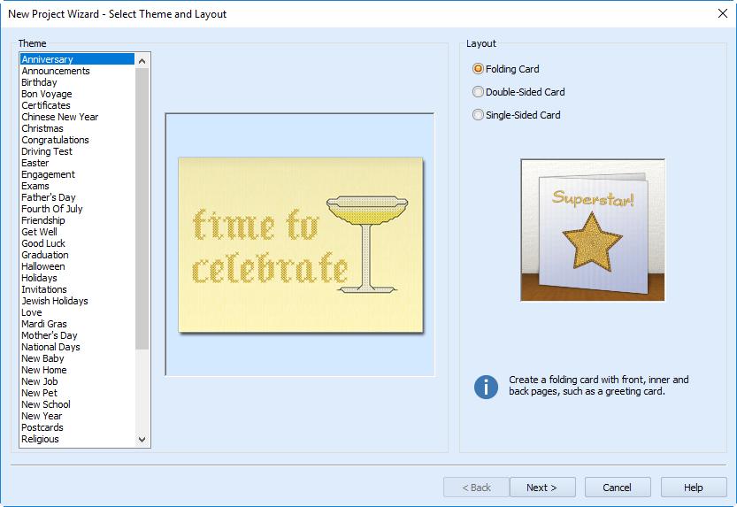How to Create a Golden Anniversary Card 1 In the main toolbar click New and the Select Theme and Layout page of the New Project Wizard will appear. An Anniversary card template is displayed.