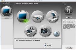 To choose an option you simply click on the image of the monitor for monitor profiling, the digital projector display (if licensed) for calibration of Powerpoint presentations, the flatbed scanner