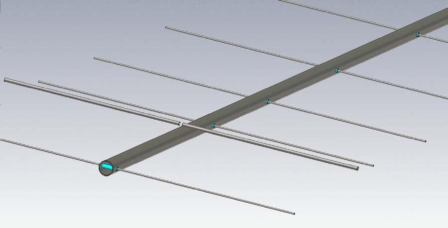 Fig.1 Simulation model of Yagi antenna with insulated elements passing through metal boom and elevated driven element There is another possible mechanical mounting of Yagi antenna elements on a boom
