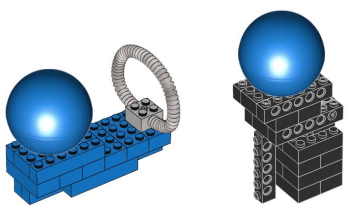The two pieces of ugly fruit is placed on top of a blue and a black fruit-supporting device: The blue fruit-supporting device is placed oriented as shown in the blue figure of the