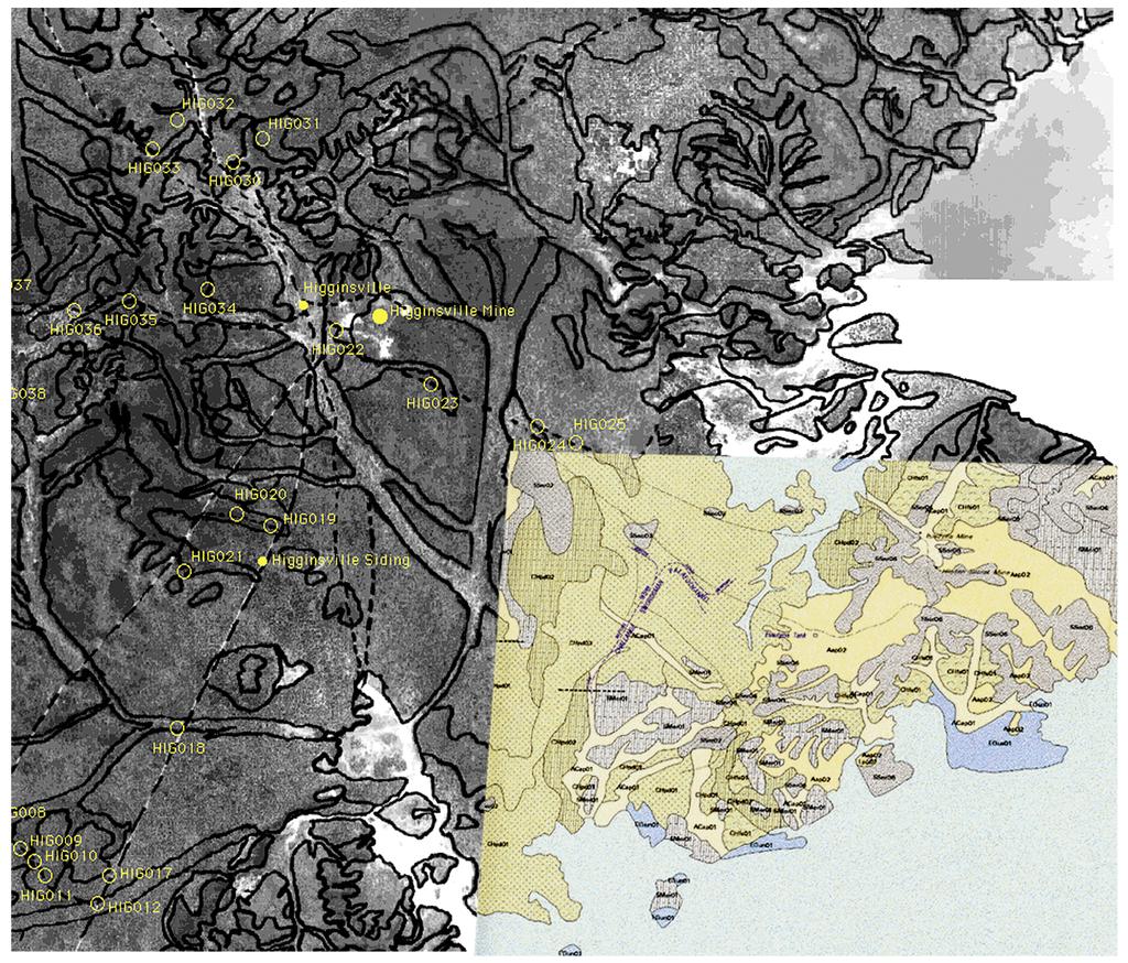 Figure 1. Higginsville regolith base map (Lintern, et al., 1996), compiled by Mike Craig on RC9 aerial photographs.