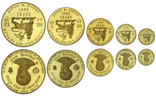 ANCIENT, BRITISH AND FOREIGN COINS AND COMMEMORATIVE MEDALS 672 g672 Ethiopia, Haile Selassie (1930-36, 1941-74), proof gold coin set, 200-, 100-, 50-, 20-, 10-Dollars, 1966, celebrating 75th