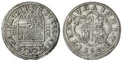arms in quatrefoil, reversed D in INDIARVM (cf Cayon 3918-39200, cleaned, not a sea salvage coin and so the details much clearer than average, very fine 200-300 709 709 Spain, Philip II (1556-98),