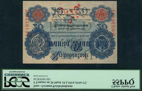 WORLD AND BRITISH BANKNOTES An Unusually Fine Example of a 5 Tomans Overprint on a German 20 Mark of 1914 x408 Persia, German Treasury, World War I, 5 tomans on 20 mark, 19 February 1914