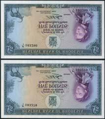 April 11 and 12, 2018 - LONDON RHODESIA x718 Reserve Bank of Rhodesia, 5 (2), 10 November 1964, serial numbers F/1 103279 and 103280, purple and grey-green,