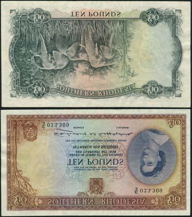 WORLD AND BRITISH BANKNOTES A Superb and Extremely Rare 10 of 1954 773 Southern Rhodesia Currency Board, 10, 10 March 1954, serial number E/3 0333,309, brown and purple on multicolour underprint,