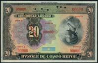 serial number 000000, black on multicolour underprint, Makele woman at right, Belgian Congo flag top centre, value in each corner and in ornate tablet at centre left, reverse, leopard, red SPECIMEN