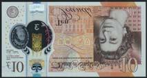 of England, Victoria Cleland, 10 on polymer, ND (14 September 2017), serial number AA01 000025, orange-brown, Queen Elizabeth II at right, transparent window at left with portrait of the Queen and