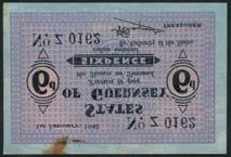 low number 400-500 1178 States of Guernsey, 6 pence, 1 January 1942, serial number Z0162, black on purple and pink underprint, blue paper, value at left