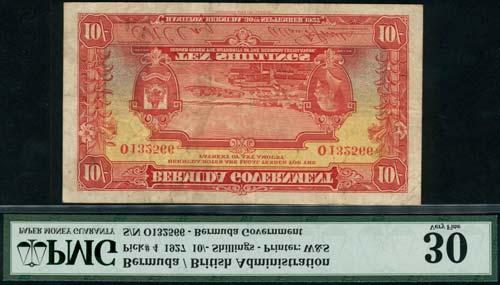 security thread (TBB B308 Pick 50a), in PMG holder 67 EPQ superb gem uncirculated 1,500-1,800 BERMUDA x158 Bermuda Government, 10 shillings, 30 September 1927, serial number O 132566, red on