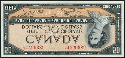 $50, 1975, serial number *HB3167118, red on multicolour underprint, William, Lyon Mackenzie King at right, arms at left, Lawson and Bouey signatures,