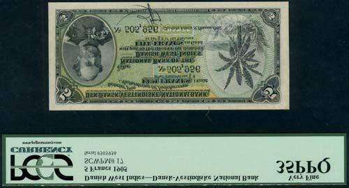 Dansk-Vestindiske National Bank, 5 francs, 1905, serial number 505956, black on green and yellow underprint, King Christian IX at left, palm