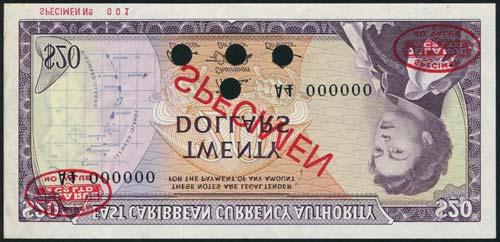 15a1s, 15cas) mounting traces, otherwise balance uncirculated (13) 2,000-2,500 x216 East Caribbean Currency Authority, $20, 1965, serial number A1 831723, purple and multicolour, portrait Queen