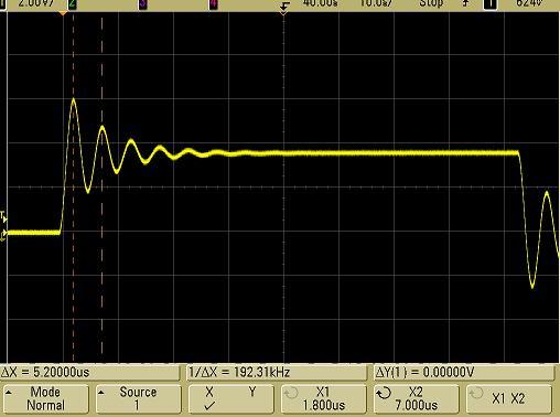 2. Cursors measure frequency of pulse ringing 3.