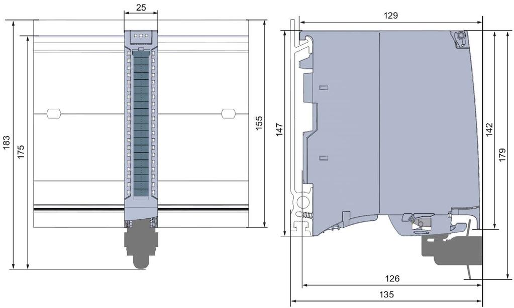 Dimension drawing A The dimension drawing of the module on the mounting rail, as well as a dimension drawing with open front panel are provided in the appendix.
