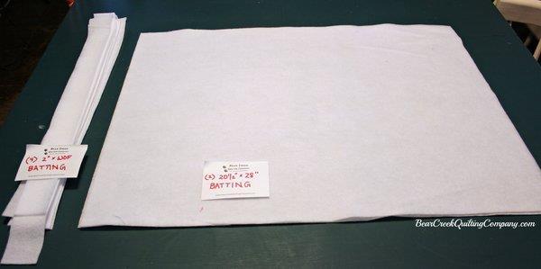 From the fusible batting, cut the following: (2) 20 ½ x 28 (4) 2 x WOF From the fusible