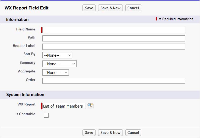 Setting Up WX Reports Defining WX Report Fields To add a new field to the WX Report: 1. Select New WX Report Field. Sage People displays the WX Report Field Edit page: 2.