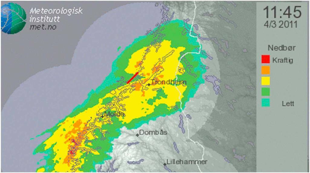 Figure 9. Screenshot from www.met.no weather radar in Trøndelag. Nedbør = Precipitation, Kraftig = Heavy, and Lett = Light.