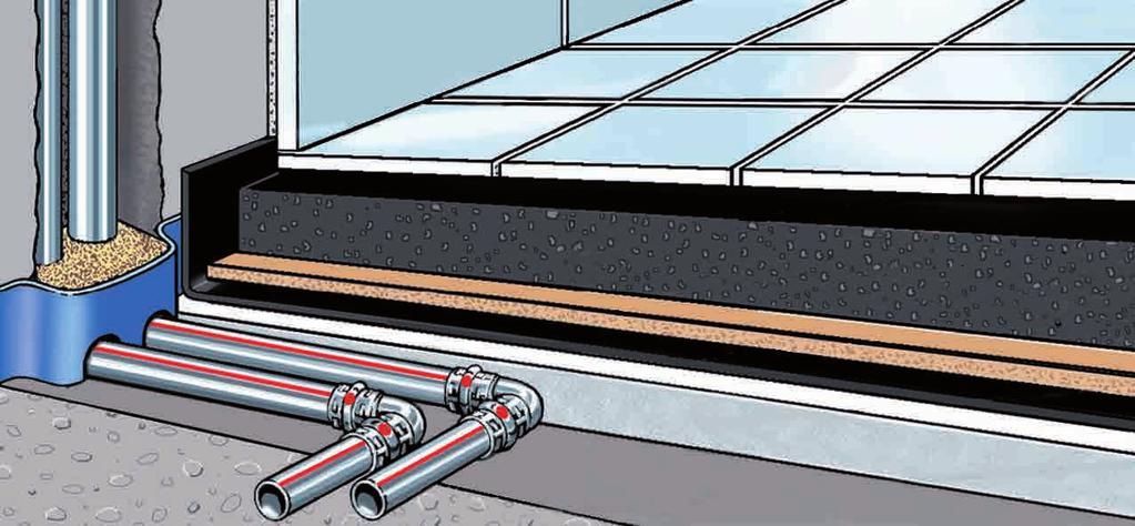 Application technology for metallic pipe installation systems Ediţia a 3-a Montarea în şapă de gudron (asfalt turnat) Pentru distribuirea pe etaje cu îmbinările Prestabo este necesară o structură