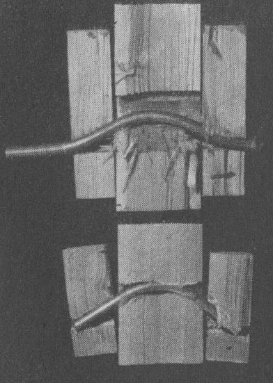 a) Dowel Figure 5. Failure modes for bolt (top) and dowel (bottom). From [Johansen, 1941]. Figure 5 illustrates the difference between a bolt and a dowel.