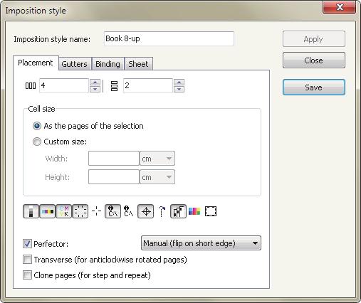 Using this window, impositions can be added, removed or edited. By using the Apply imposition button, the imposition can be applied to a selected job.